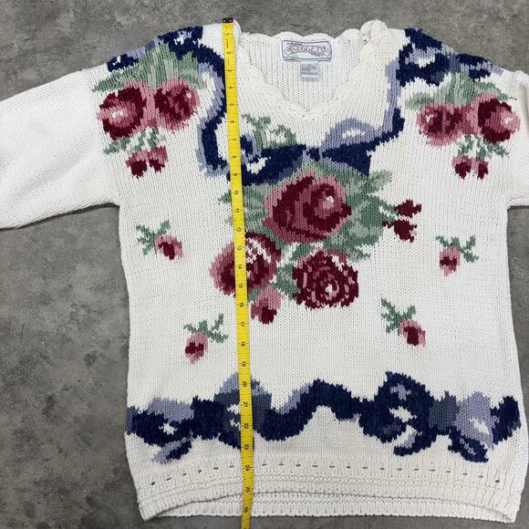 Vintage Nuggets Ramie Cotton Blend Floral Cottagecore V Neck Pullover Sweater L - Picture 6 of 8